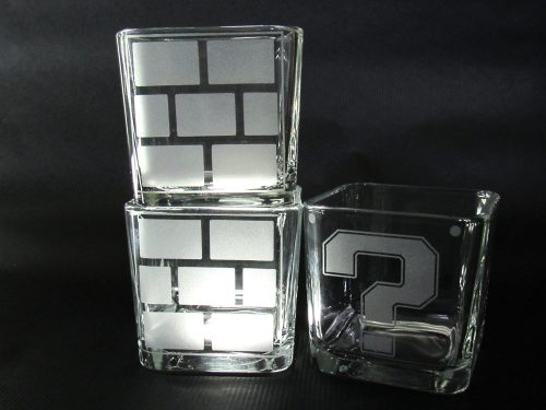 Set of 3 Super Mario Etched Glass Block Square
