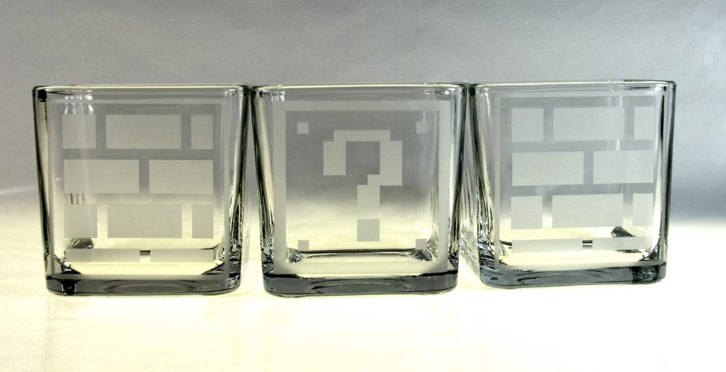 Set of 3 hand etched Super Mario glass jars