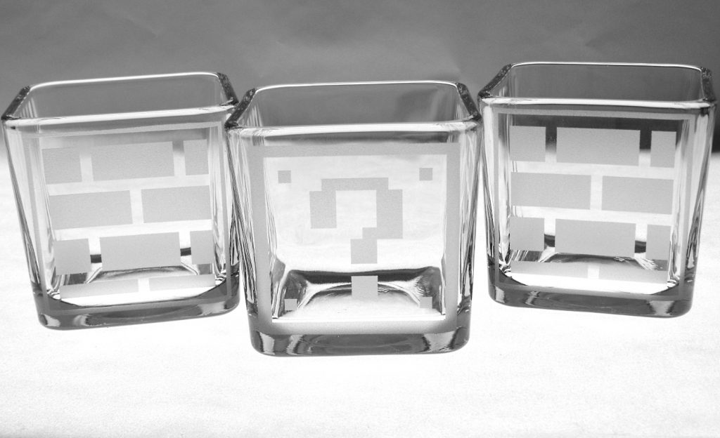 Super Mario inspired etched brick question mark block