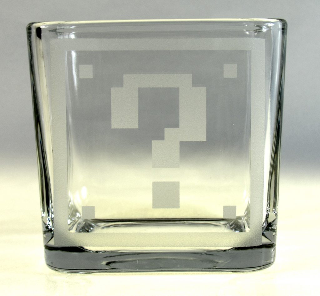 Super Mario question mark block etched glass container