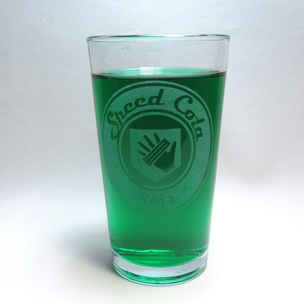 Speed Cola etched pint glass perk-a-cola