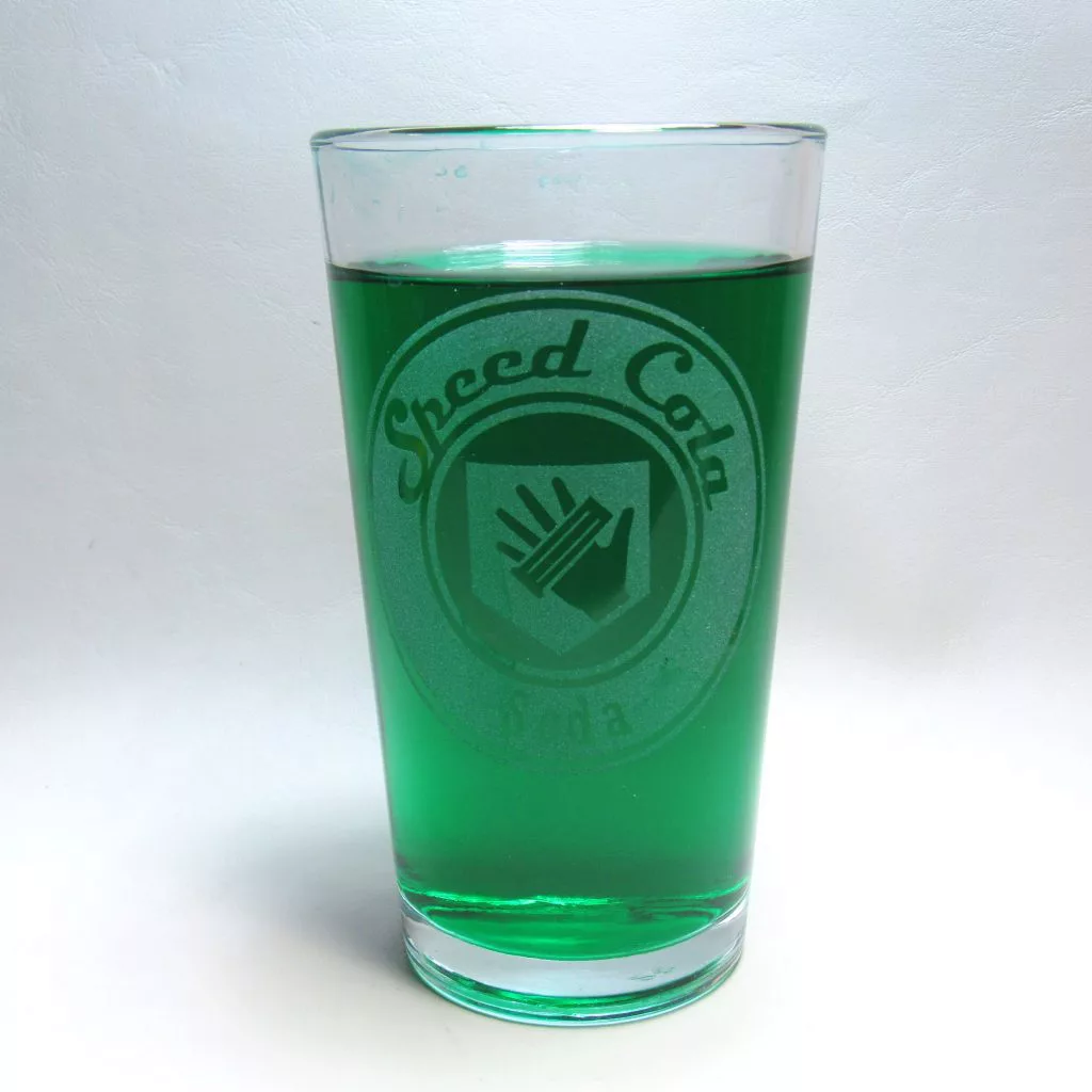 Speed Cola etched pint glass perk-a-cola