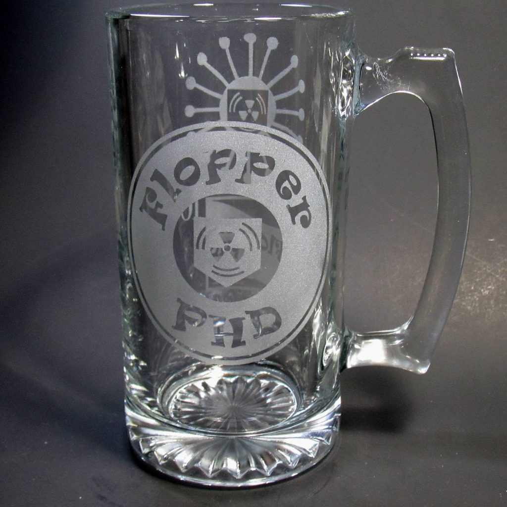 Empty PhD Flopper Beer Mug with a dark background.