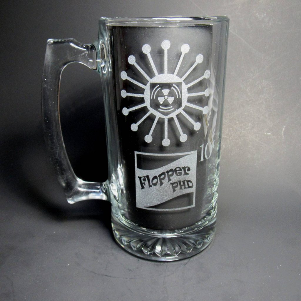 The back side of the PhD Flopper Beer Mug with a dark black background.