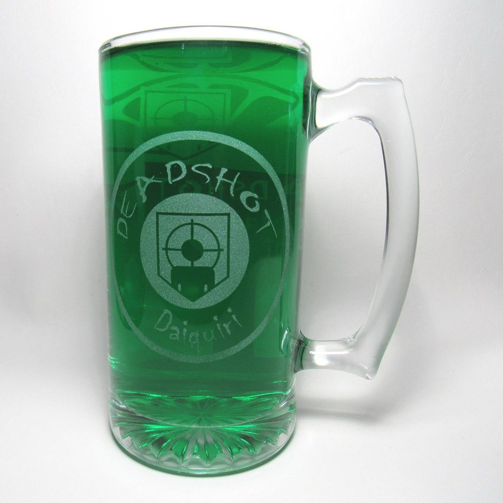 Deadshot Daiquiri Beer Mug, filled with a green liquid on a white background.