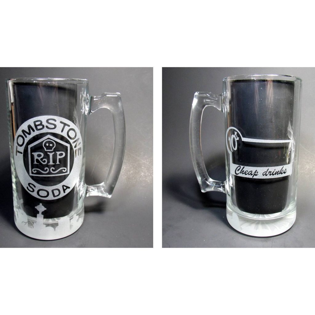 Front and back of tombstone soda tribute mug
